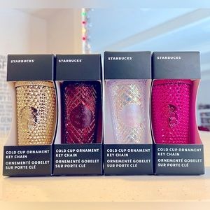Set of 4 Starbucks 2022 Holiday Jeweled Studded Keychain/Ornament Gold Unicorn